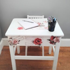 Vintage-Inspired Upcycled Kids Desk & Chair Set – Linen White with Floral Sheet Music Accents